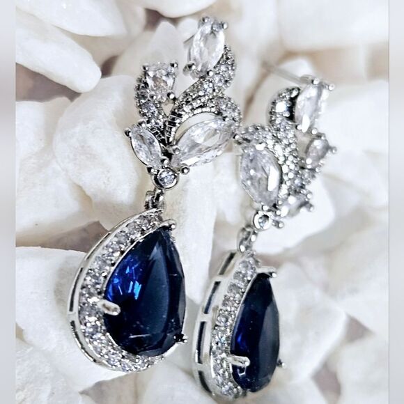Blue Sapphire & White Baguette Diamond Drop Stud Earrings 925  Silver - Women's - Picture 3 of 9
